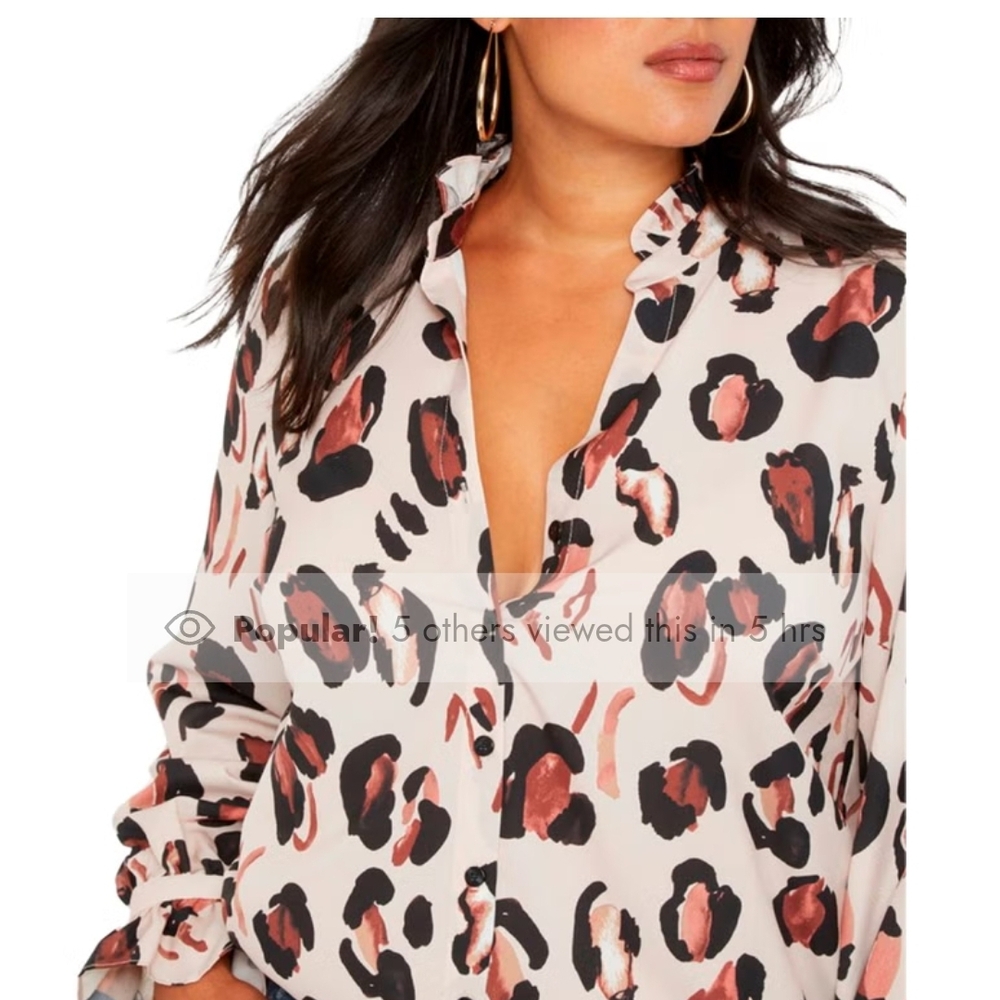 Eloquii Cream Leopard-Spot Ruffle Collar Blouse